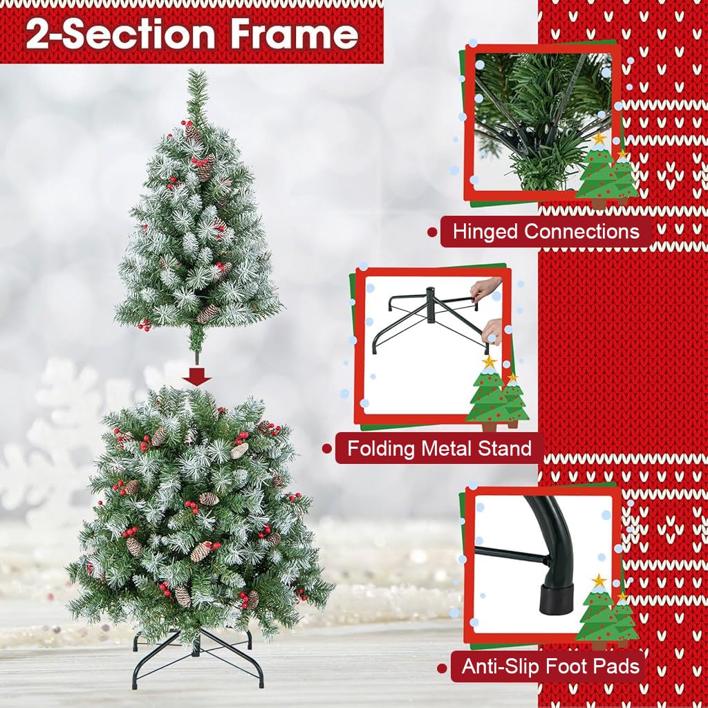 HASTHIP® 150cm Christmas Tree for Home Decor with Snow Flocked Branches, Pinecones & Red Berries, Premium Xmas Trees for Christmas, Office School House Restaurants Store
