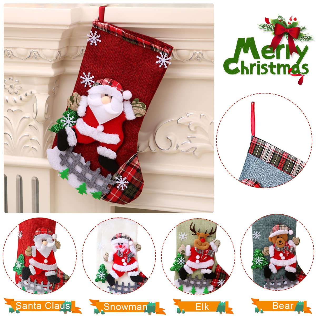 Set of 4 Christmas Decorations Stocking, 10 inch Linen Christmas Gift Stocking, Hanging Christmas Stockings Set Christmas Stocking Christmas Stocking for Window, Christmas Socks