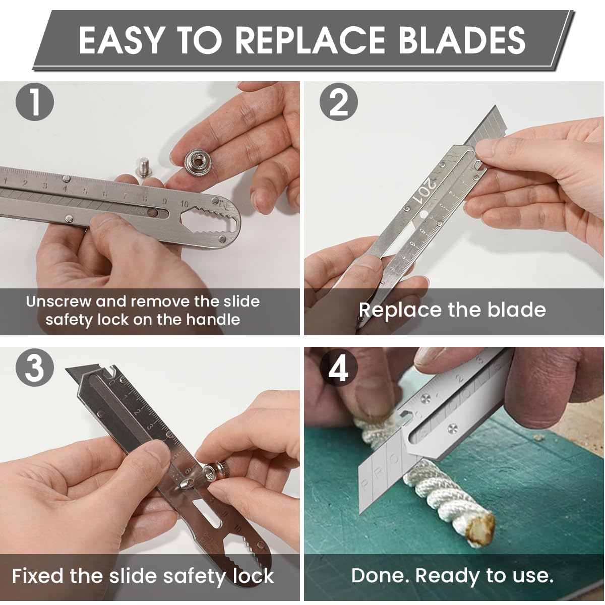 HASTHIP® Stainless Steel Utility Knife, Heave Duty Full Stainless Steel Retractable Box Cutter with 10PCS replaceable Blades, Multi-functional Extended Razor Knife for Office, Home, School