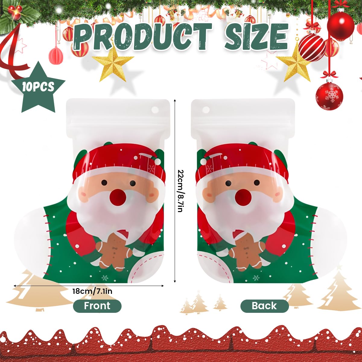 HASTHIP Christmas Gift Bags for Holiday Parties with Ziplock Closure 18.5x22 cm Pack of 10 | Festive Santa Stocking Design