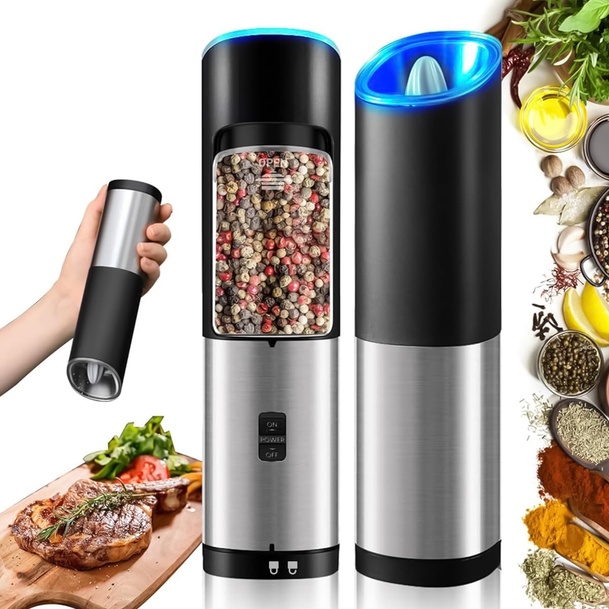 HASTHIP® Gravity Electric Pepper Crusher with LED Ceramics Grinding Core, Electric Salt and Pepper Grinder, Adjustable Coarseness, Battery Operated, Kitchen Spice Mill Essential for Modern Cooking