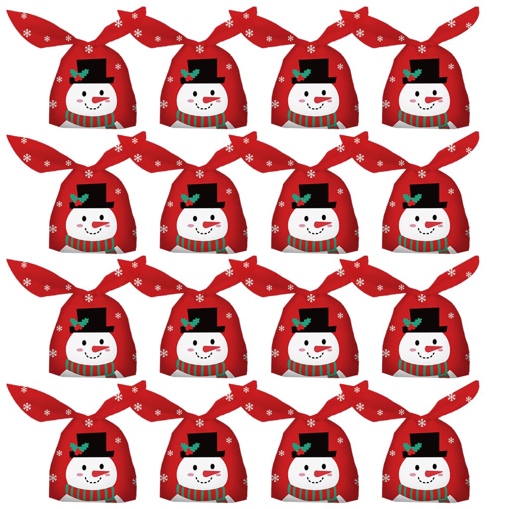 HASTHIP Christmas Gift Bags 50pcs for Small Holiday Gifts with Tie Up Closures | Red Snowman Print 13.5x23cm