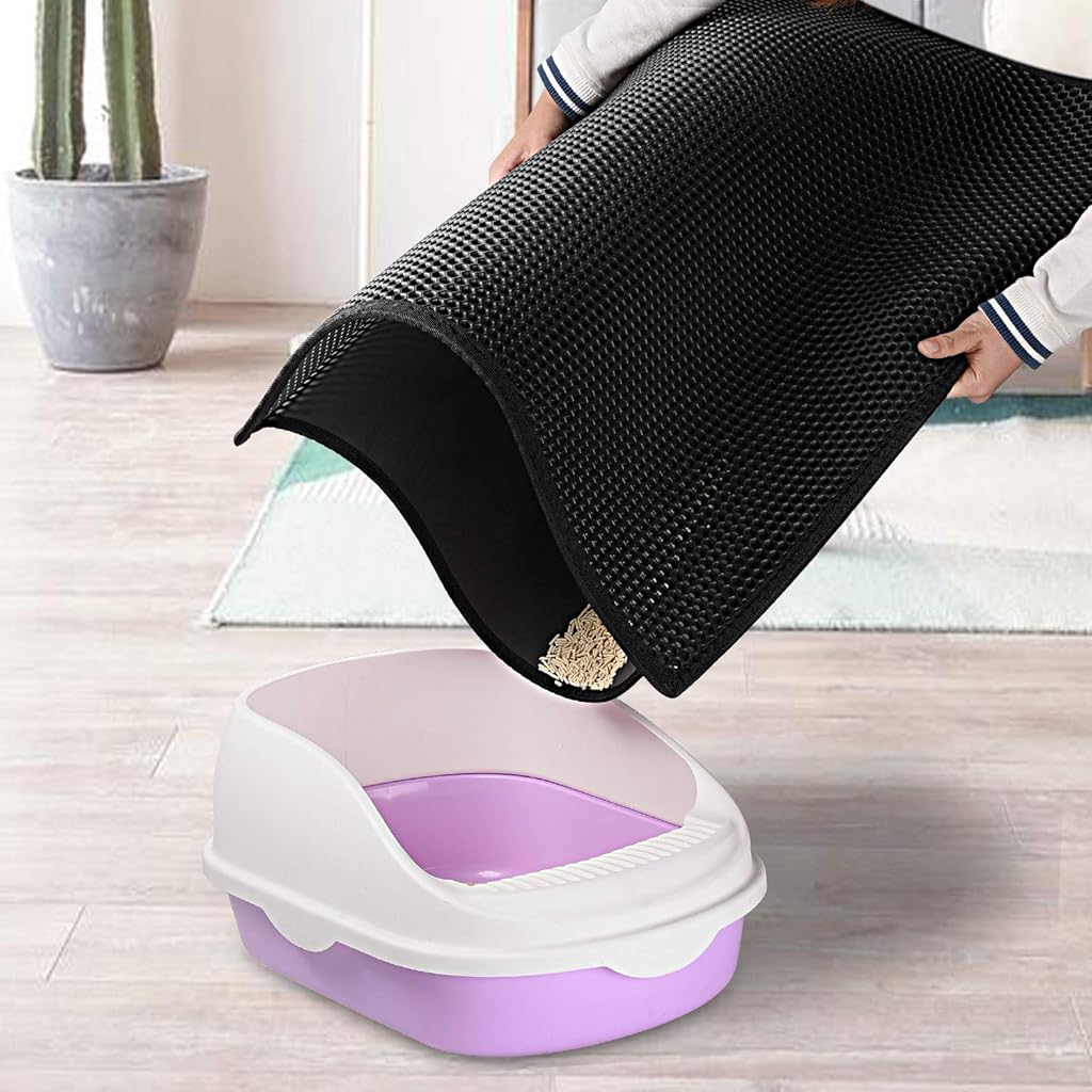 HASTHIP® Cat Litter Mat, Litter Box Mat Honeycomb Double Layer Cat Litter Tray, Waterproof EVA Material Durable and Washable Cat Play Mat, Easy Clean and Filter Any Cat Litter Sand(Black, 45 * 60CM)