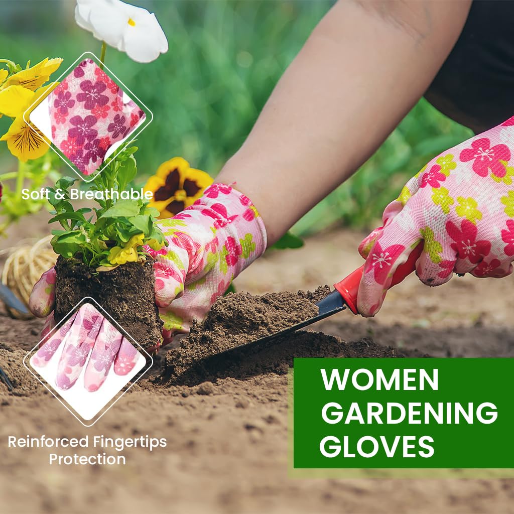HASTHIP Gardening Gloves for Women with Full Palm Anti Slip Grip 6 Pairs Nylon Floral Print
