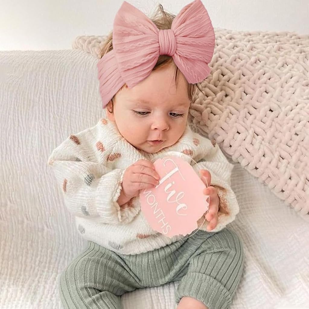 HASTHIP® 3Pcs Hair Bands for Baby Girls 0-24 Months,3-Color Nylon Turban Knotted Pink Bow Baby Girl Hair Bands,Super Soft and Stretchy Headbands for Girl - Accessories