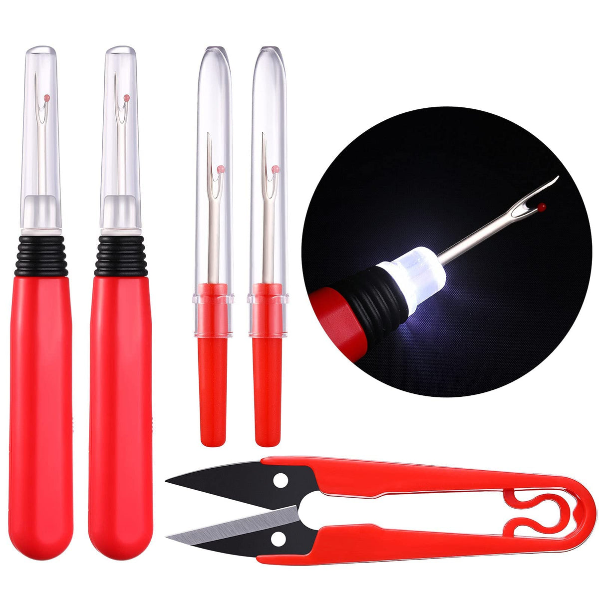 Embroidery Sewing Kit with Light Kit 2 Piece Large LED Seam Ripper and 2 Piece Small Sewing Trimming Scissor for Sewing Crafting Removing Thread for Women Girls