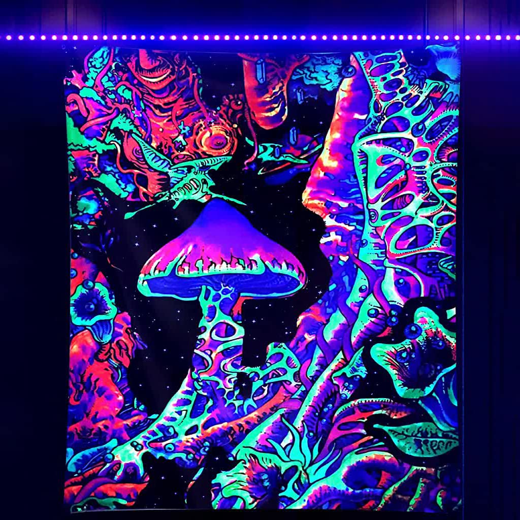 UV Luminous Mushroom Tapestry, Fantastic Upright Tapestry Glow In The Dark, UV Reactive Tapestries Posters Wall Hanging for Backdrop (51inch x 59inch)( Black)