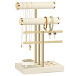 HASTHIP® Organizador de Joyas de 3 Niveles con Barra en T Desmontable,Soporte para Pulseras,Relojes y Collares en Terciopelo Beige Estante Metal para Pendientes