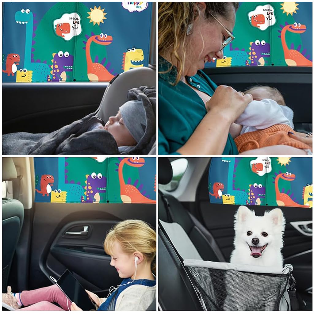 HASTHIP® Cartoon Dinosaur Family Print Magnetic Window Sun Shades for Car Double Layer UV Protection Privacy