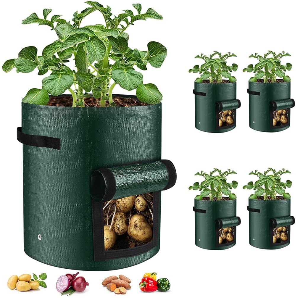 HASTHIP Plant Grow Bags for Tomatoes Peppers and Strawberries featuring Roll Up Flap & Handles | 4 Pack 10 Gallon Durable PE Reusable Planter Bags
