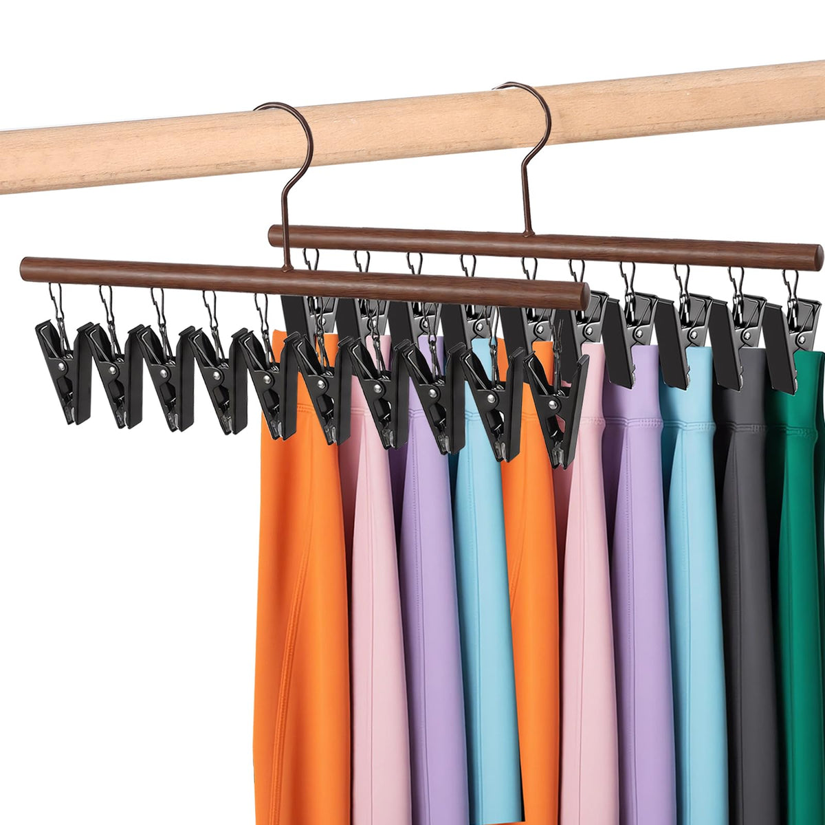 HASTHIP® Leggings Organizer for Closet, 2-Pack Wooden Pants Hangers with 10 Adjustable Clips, Space-Saving Vertical Skirt and Jeans Hanger with 360° Rotating Hook