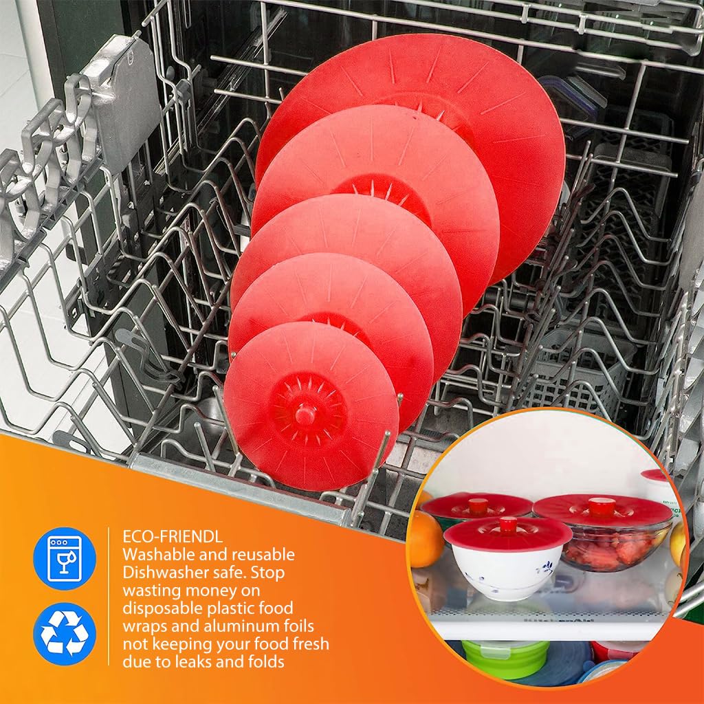 Silicone Bowl Lids, 5 Sizes Silicone Lids for Food and Bowl Covers Silicone Covers for Food Safe Silicone Bowl Covers Silicone Food Covers Silicone Pot Cover Microwave Cover, Red