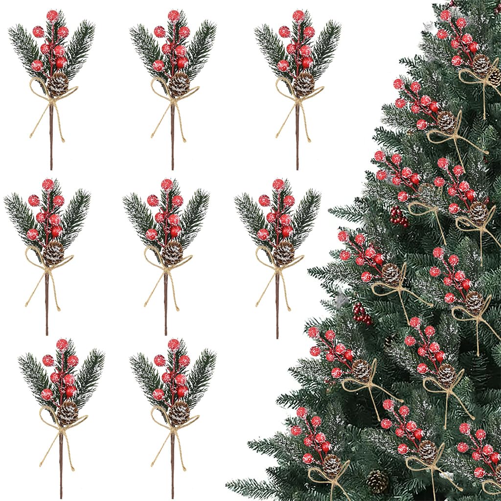 HASTHIP Artificial Christmas Floral Picks for Wreaths with Hemp Rope Hanging 8pcs 7.87in | Red Berries Pinecones and Holly Leaves Decor
