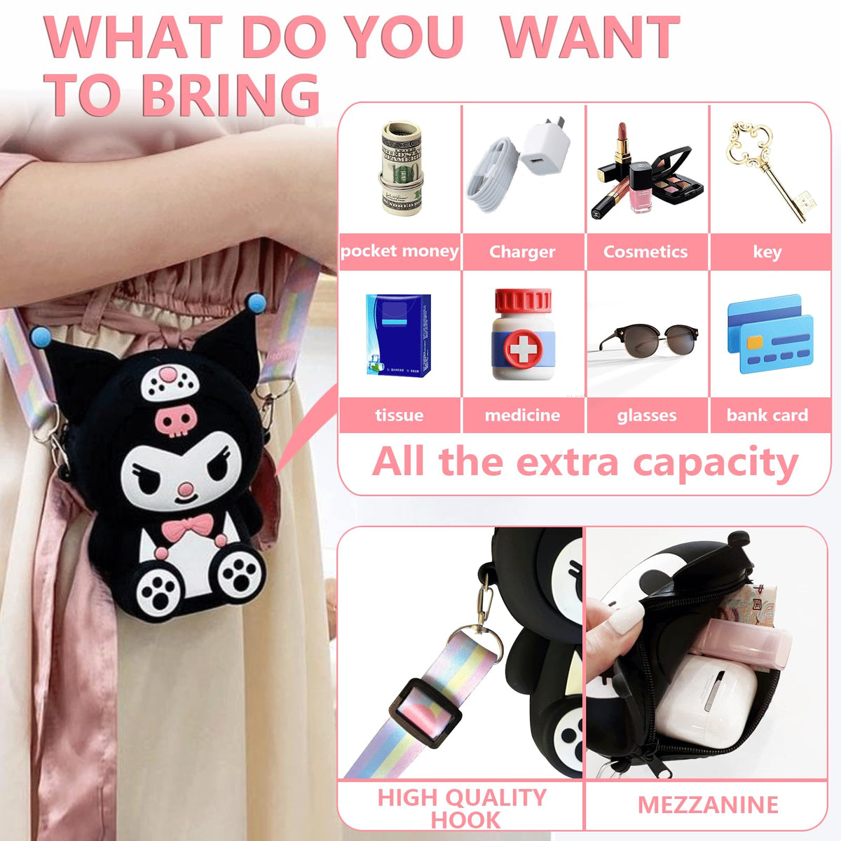 HASTHIP® Kuromi Purse for Girls, Kawaii Small Bag for Girls Silicone Girls Purse Mini Bag Cartoon Cute Bags for Girls Daily Casual Coin Purse Phone Pouch Fashion Sling Bag for Girls 4.33*5.9*1.57 Inch