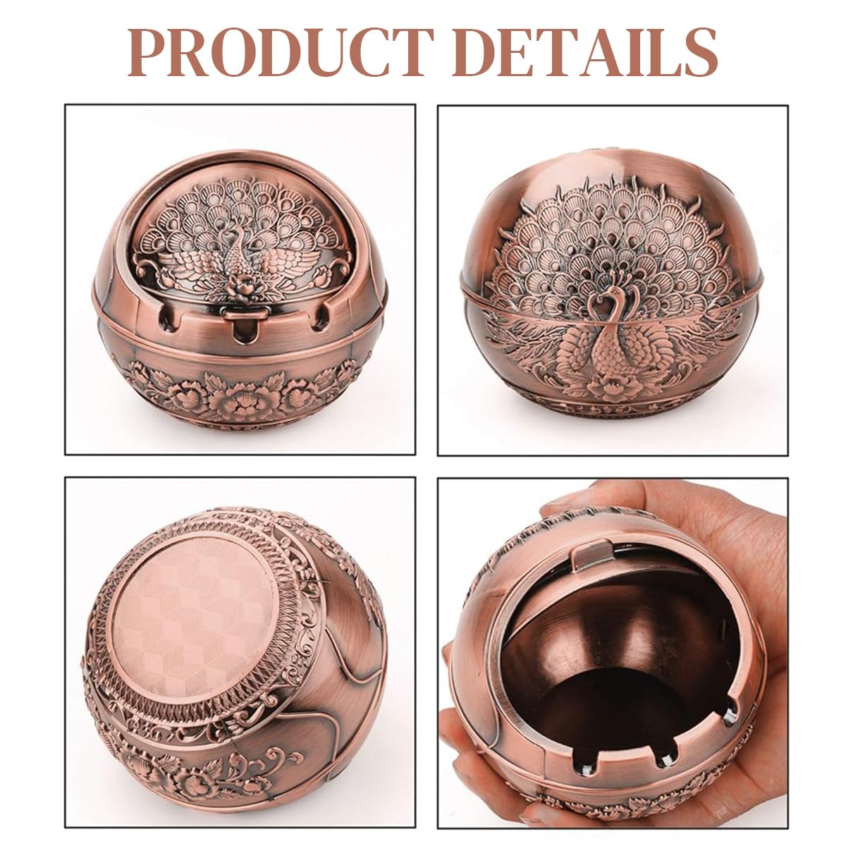 HASTHIP Peacock Ashtray for Home and Car with Closing Lid and 3 Grooves | Zinc Alloy 10x10x9cm 2 PCS