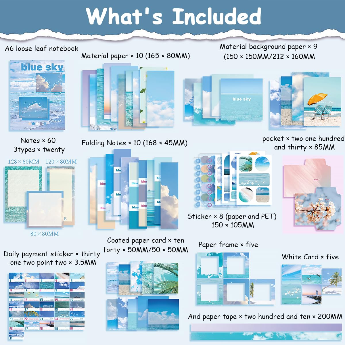 HASTHIP Journal Kit for Scrapbooking and Planner Decoration with 150 pcs Blue Sky Theme | DIY Craft Supplies for Artists and Crafters