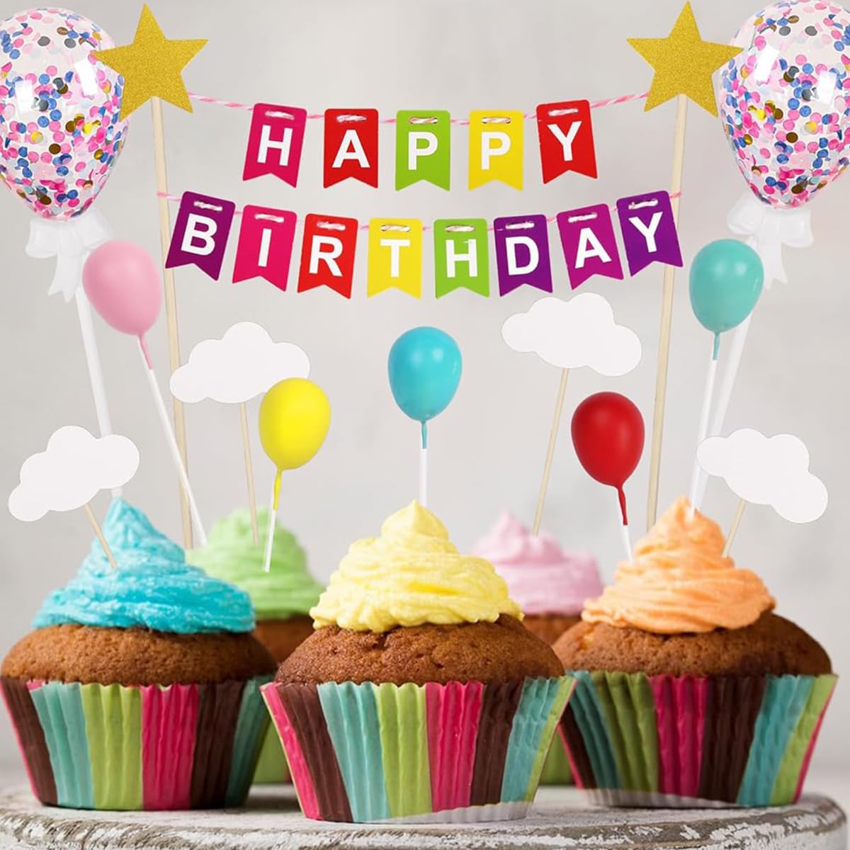 HASTHIP Happy Birthday Cake Topper Set 23 Pcs for Party Decoration with Rainbow and Butterflies | Reusable Eco Friendly Decorations for Kids and Family Celebrations