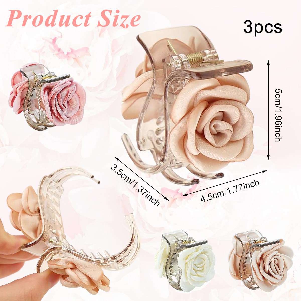 HASTHIP® 3 Piezas Clips de Garra con Flor de Rosa,Pinzas Pelo Acrílicas con Resorte Fuerte,Accesorios Elegantes para Mujeres y Niñas Estilo Medio Recogido Ligero y Duradero