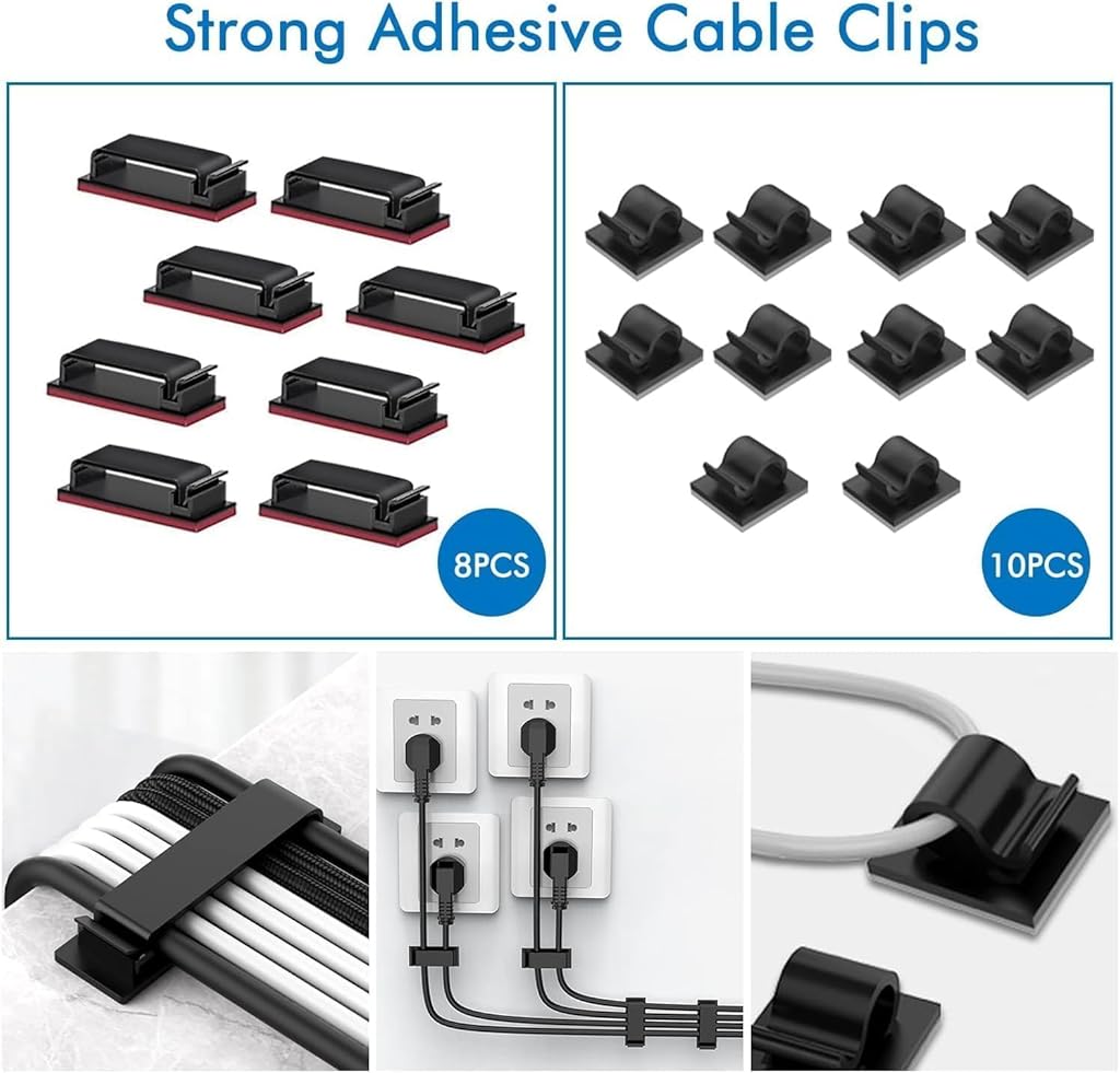 HASTHIP® Cable Management Kit |146Pcs Tidy for Home Office Under Desk- 100 Wire Organizer Ties, 5 Upgrade Silicone Holder, 2 Sleeve, 28 Adhesive Clips, 1 Roll Organiser Straps etc, Black