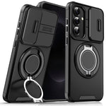 HASTHIP® Compatible with Samsung Galaxy S26 Plus, Phone Case with Magnetic Desk Ring Support, Anti-scratch PC Phone Case with TPU Bumper, Sliding Lens Guards, Fashion Protective Phone Accessory