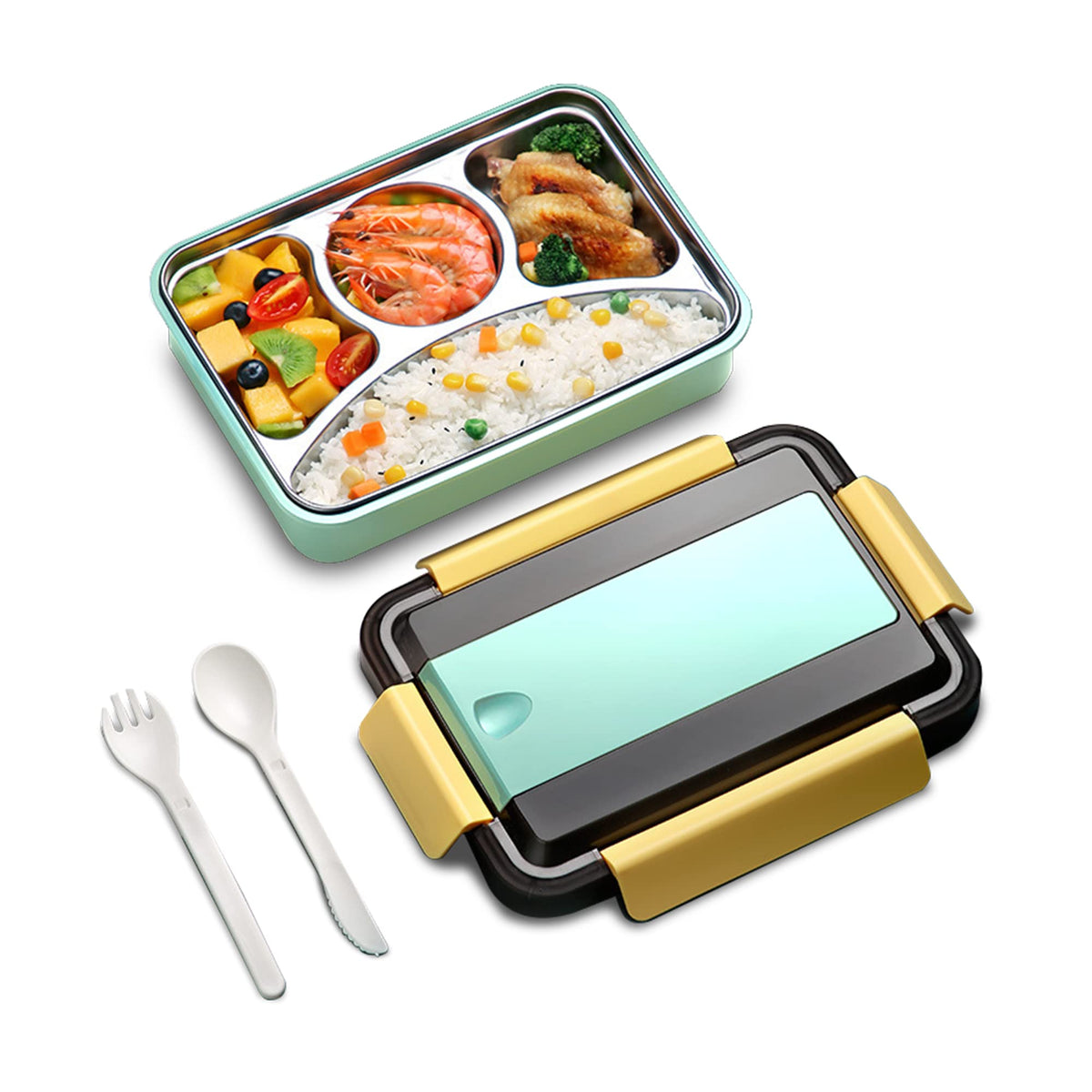 Lunch Box for Kids, Stainless Steel Lunch Box with Spoon and Fork 4 Compartment Leak-Proof BPA Free for School & Office