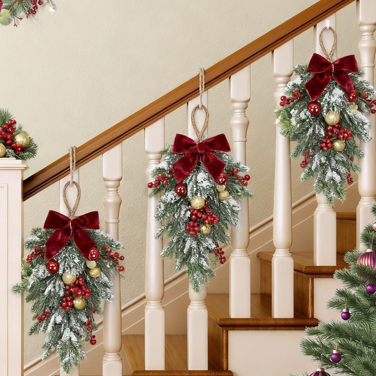 HASTHIP Christmas Teardrop Swag for Door or Wall with Red Bowknot & Berries | 14.9 in Artificial Snow-Dusted Greenery Decor