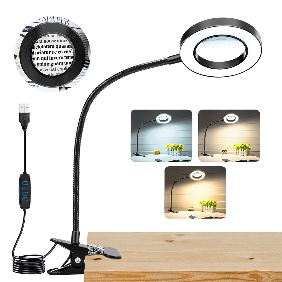 HASTHIP® Lupa con Luz LED 10X,48 Luces Ajustables,3 Colores Lente de Vidrio de Alta Definición 15.8 cm Lámpara Mesa con Brazo Flexible y Pinza para Manualidades Reparación y Lectura