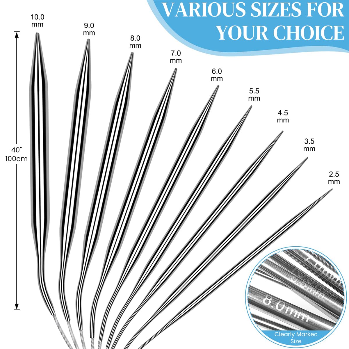 HASTHIP Knitting Circular Needles for Hats and Sweaters with 39 in Cord | 9 Pcs Stainless Steel Set