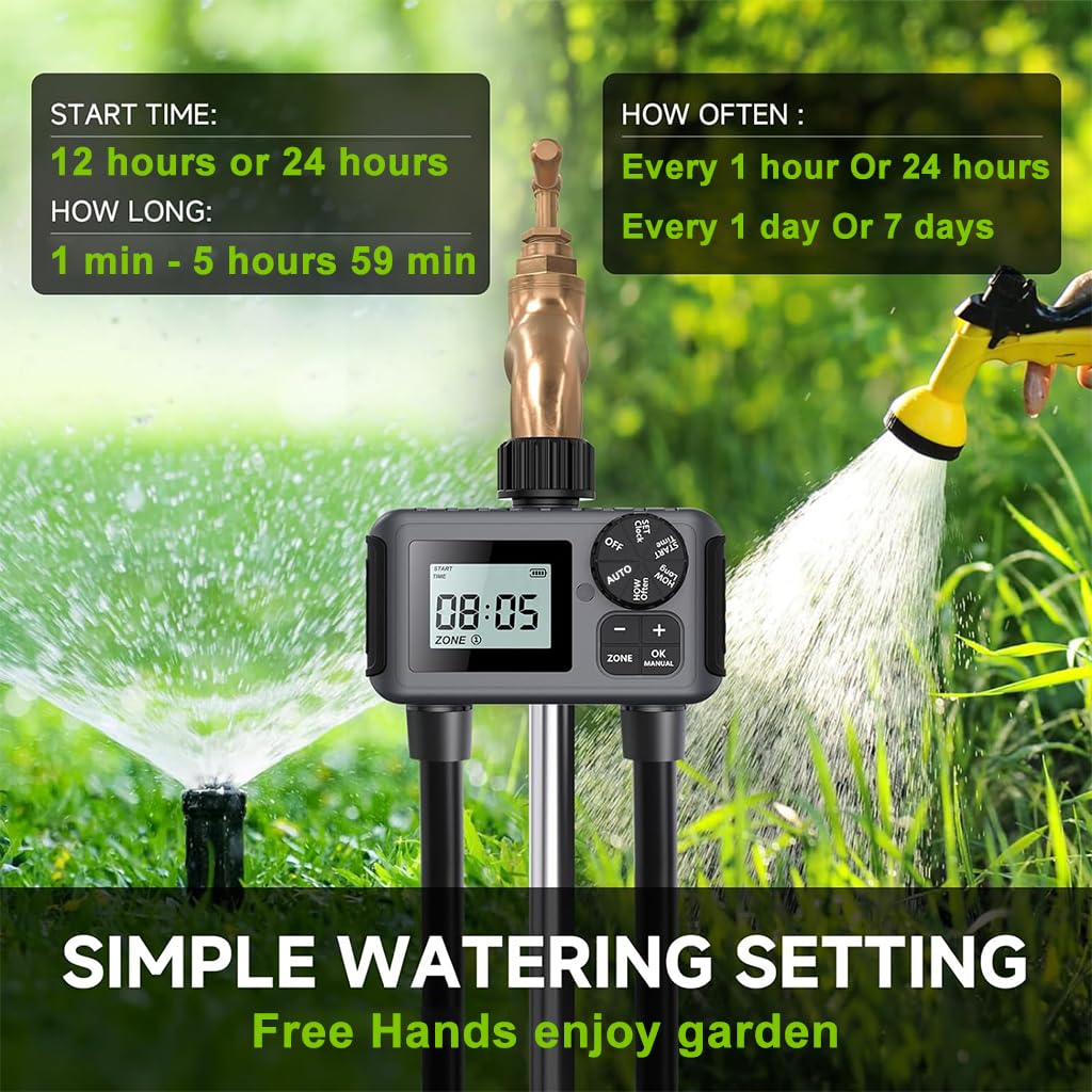 HASTHIP Smart Garden Watering Timer with 2 Outlets and LCD Display | IP55 Waterproof Outdoor Use