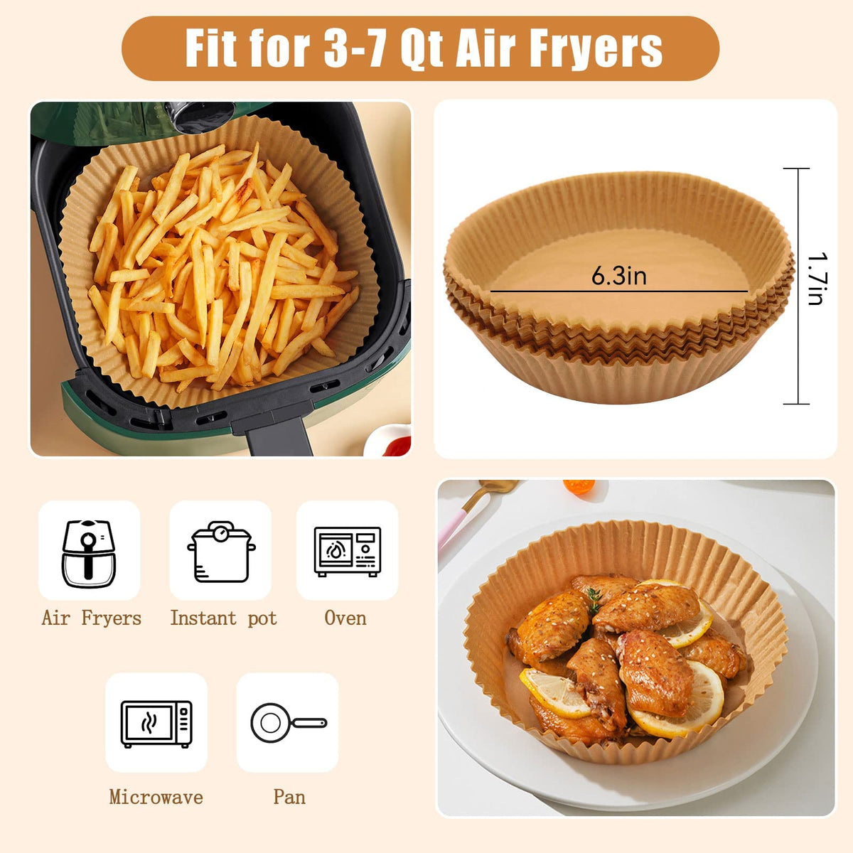 100Pcs Air Fryer Disposable Paper Liner, Non-Stick Parchment Paper Plate, Oil-Proof Water-Proof Parchment for Baking Microwave Frying Pan, Steamer, Airfryer(6.3 inches, White)