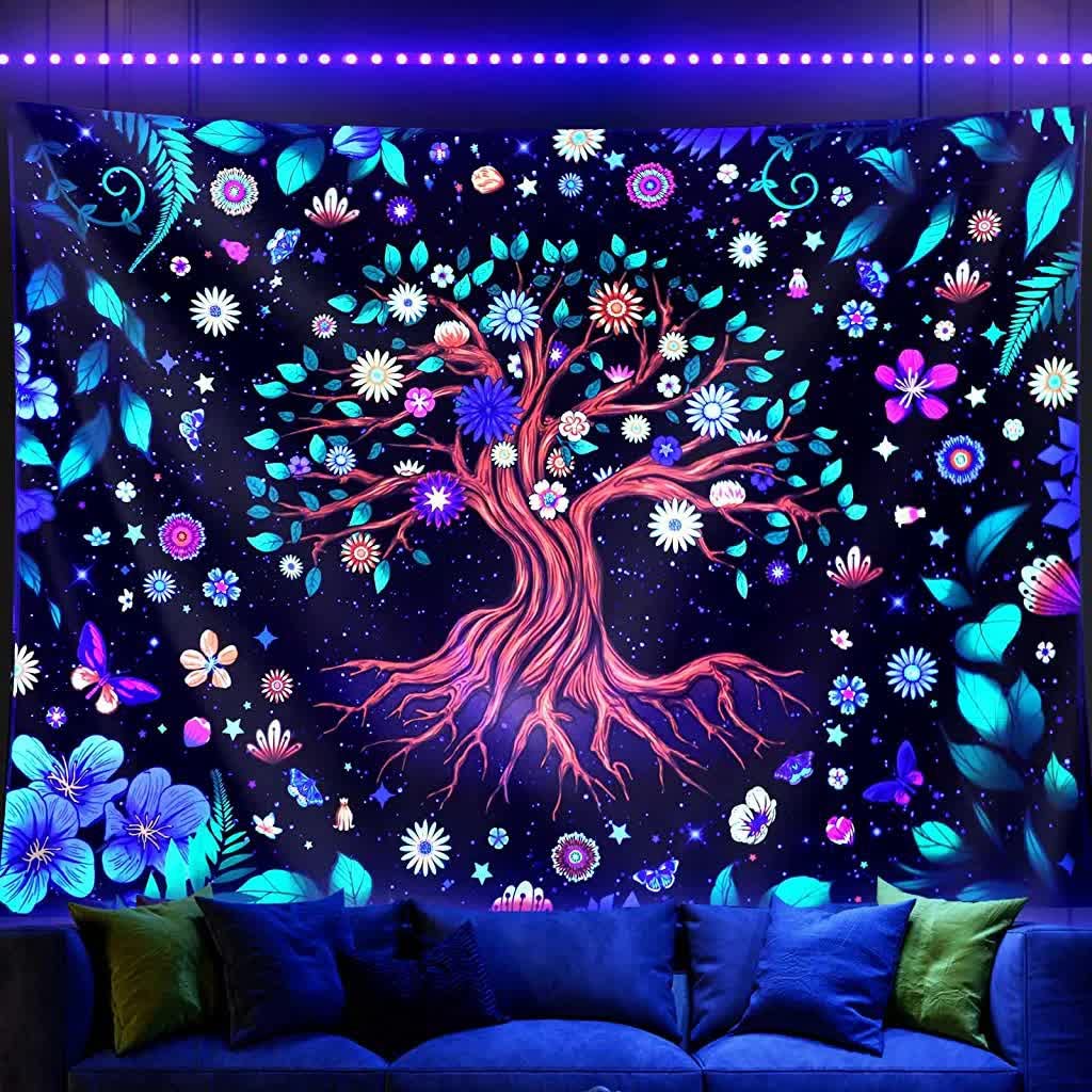 UV Luminous Tree of Life Tapestry, Fantastic Flowers Tapestry Glow In The Dark, UV Reactive Black Light Tapestries Posters Wall Hanging for Bedroom Dorm Living Room Decor (51inch x 59inch)