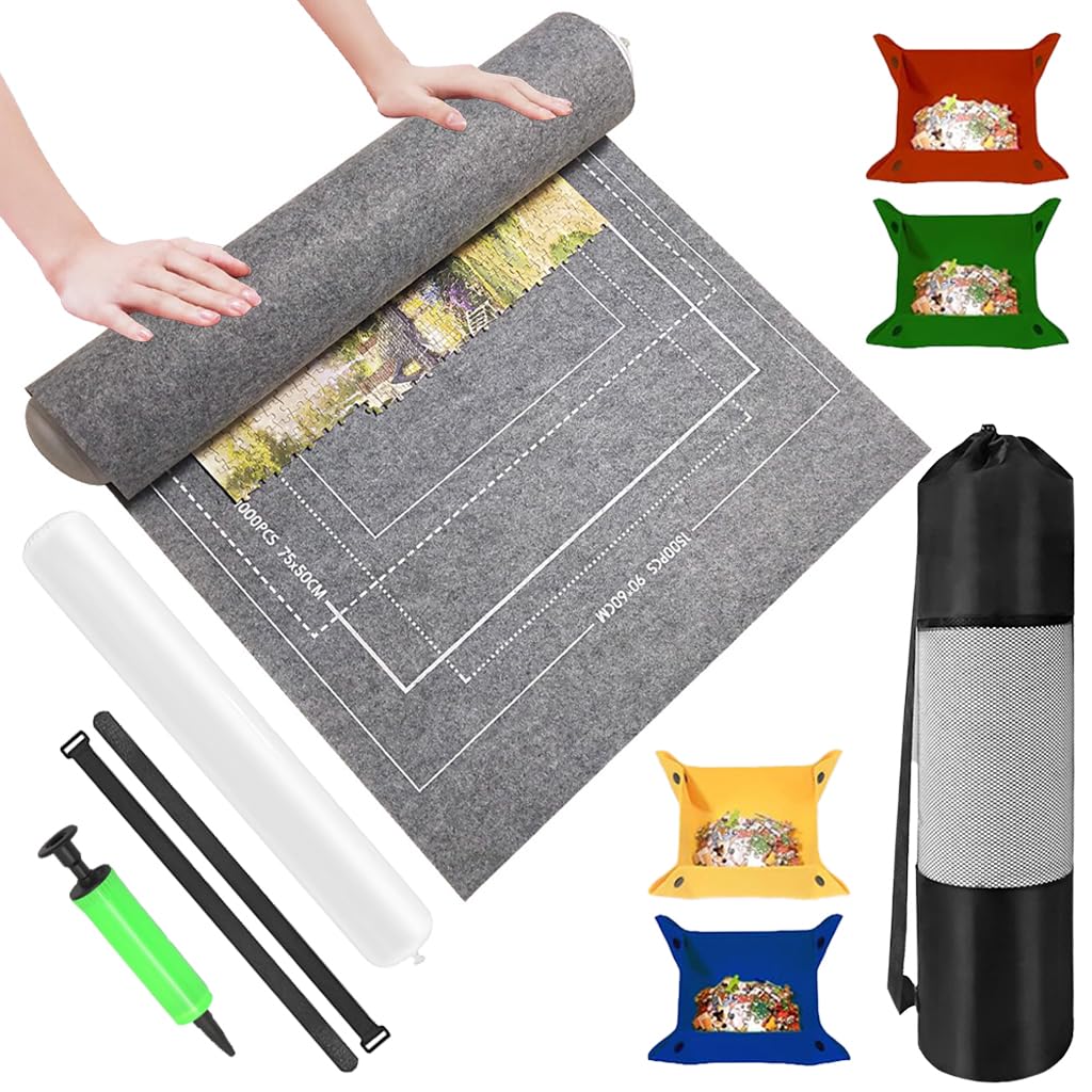 HASTHIP® Tapete de Fieltro para Rompecabezas 1500 Piezas con bandejas organizadoras,Bomba de Aire,Cilindro iable Correas sujeción y Bolsa Almacenamiento