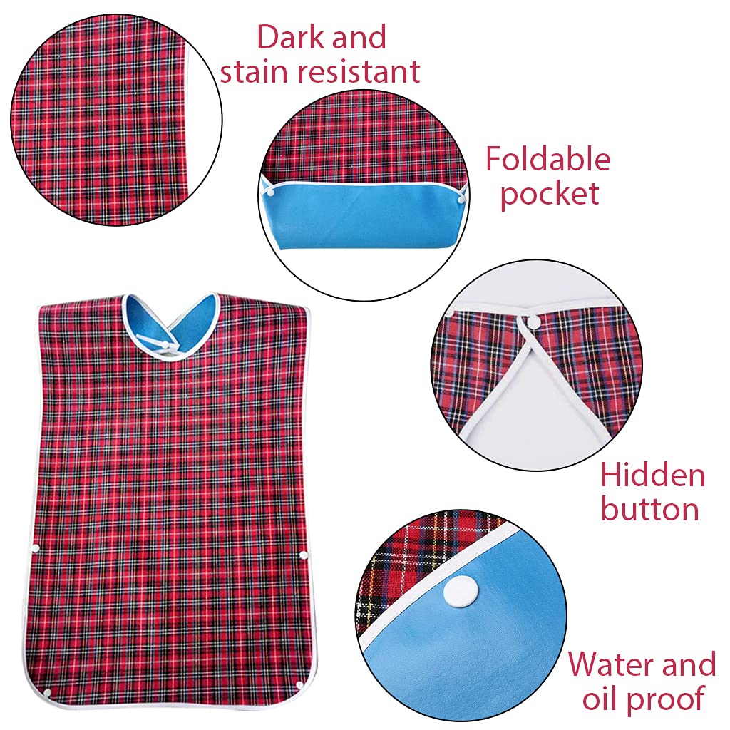 HASTHIP Adult Bibs for Elderly with Waterproof Anti Oil Design 78 x 44cm | Reusable Red Dining Protector