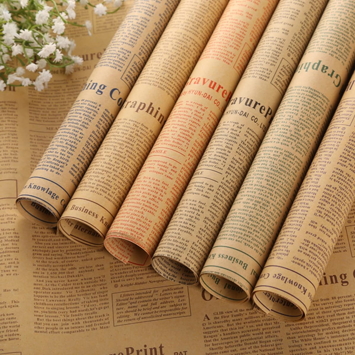 HASTHIP Flower Packing Papers for Gifts and Bouquets featuring Retro Newspaper Style 50x70cm 6 Sheets
