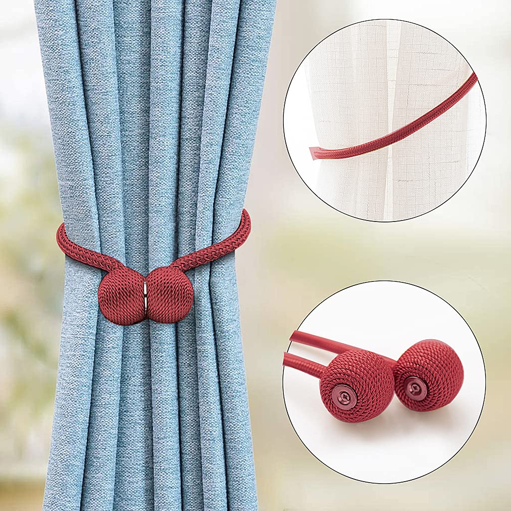 Magnetic Curtain Tiebacks Curtain Clips Rope Holdbacks Curtain Weaving Holder Buckles for Home Office Decorative,Pack of 2 (Red)