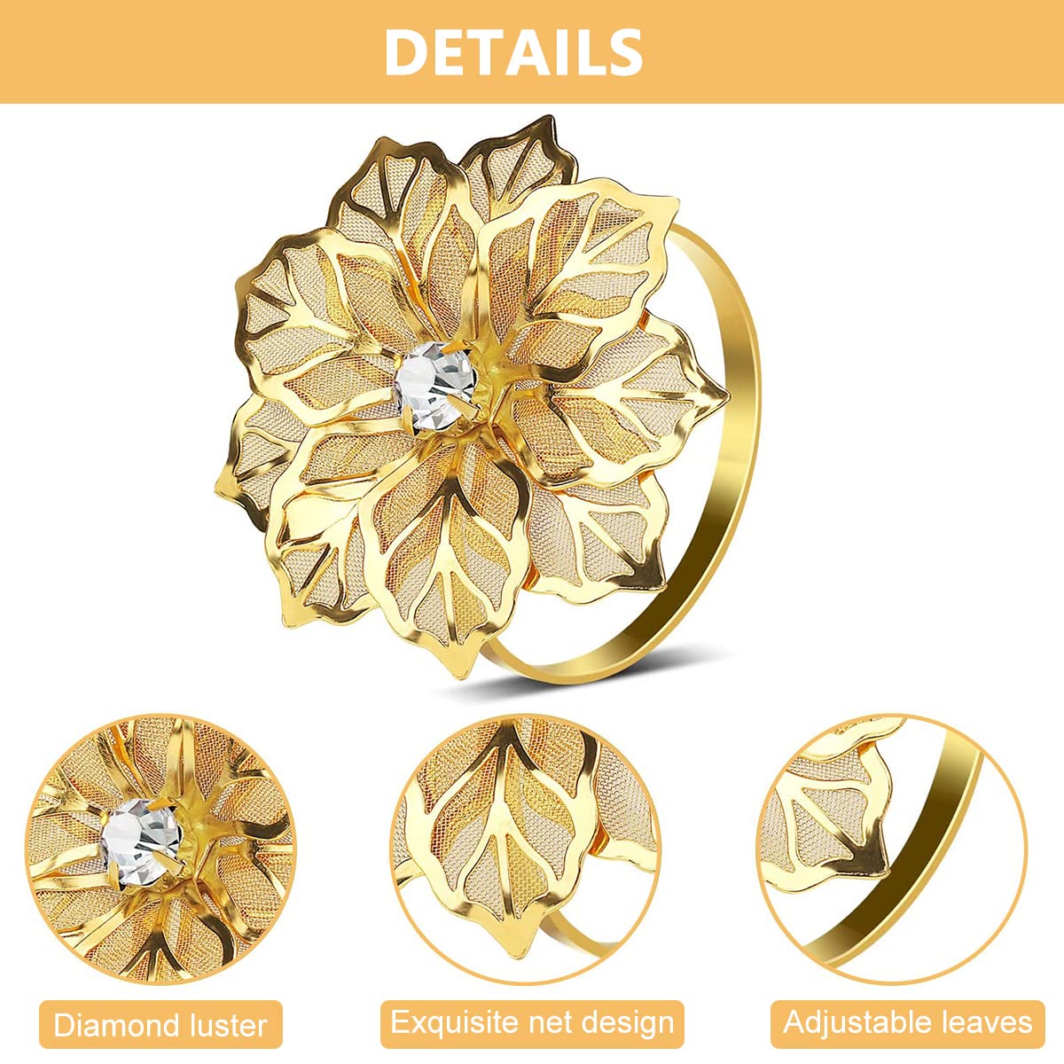HASTHIP Napkin Rings for Dinner Table featuring Flower Rhinestone Design 6 Pcs Gold Set
