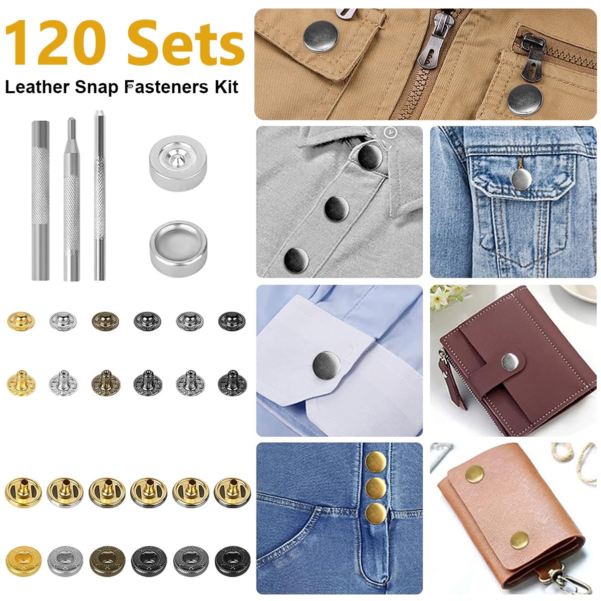 120 Sets Metal Snap Button and Tools Set, 6 Color 12.5mm Button Snaps Press Studs with 4 Setter Tools, Leather Snap Fasteners Kit for Clothes, Jackets, Jeans Wears, Bags