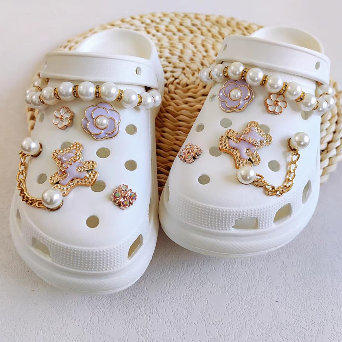 HASTHIP® 12Pcs Bling Shoe Charms for Women, Girly Jewelry Decoration Charms for Clog Sandals, Pearl Chains Fashion DIY Shoe Accessories Flower Shoe Charms for Women, Party Favors Birthday Gifts