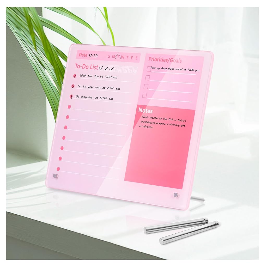 HASTHIP® Compact Desktop Dry Erase Board - 12x10 Inch Thickened Acrylic Task Planner with Stand, Space-Saving Pink Memo Board for Home Study & Office Work-Pink