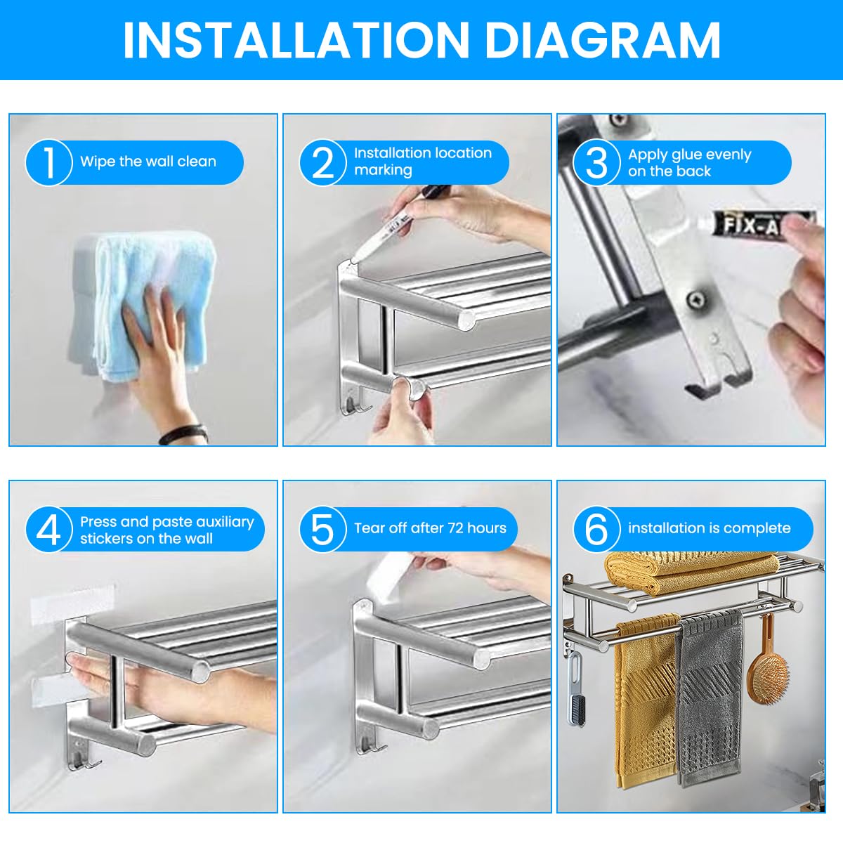 HASTHIP Bath Towel Rack for Bathroom with Double Layer 23.62 in Shelf and Sliding Hooks | 304 Stainless Steel No Drill Wall Mount Organizer