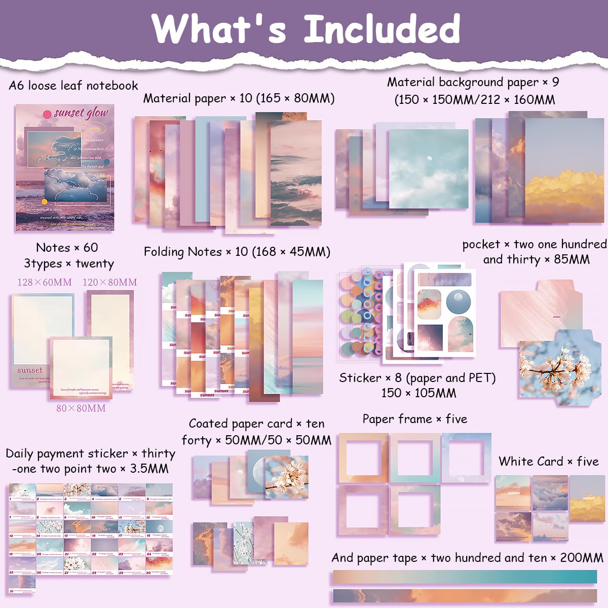 HASTHIP Journaling and Scrapbooking Kit for DIY Crafts featuring 150 pcs Sunset Glow Theme | Gift for Creative Artists