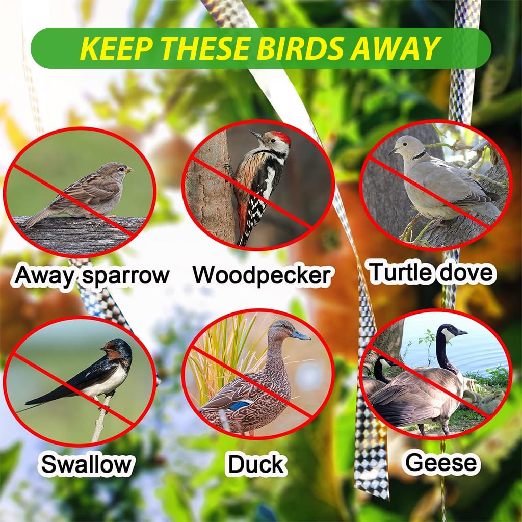 HASTHIP Bird Repellent Set for Gardens with 2.4cm x 80m Reflective Belt and Silver Pinwheels | Weatherproof PET Design
