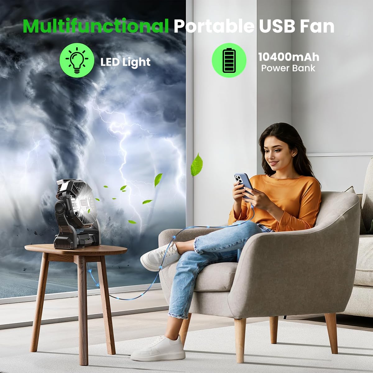 HASTHIP 3-in-1 Camping USB Fan with LED Light