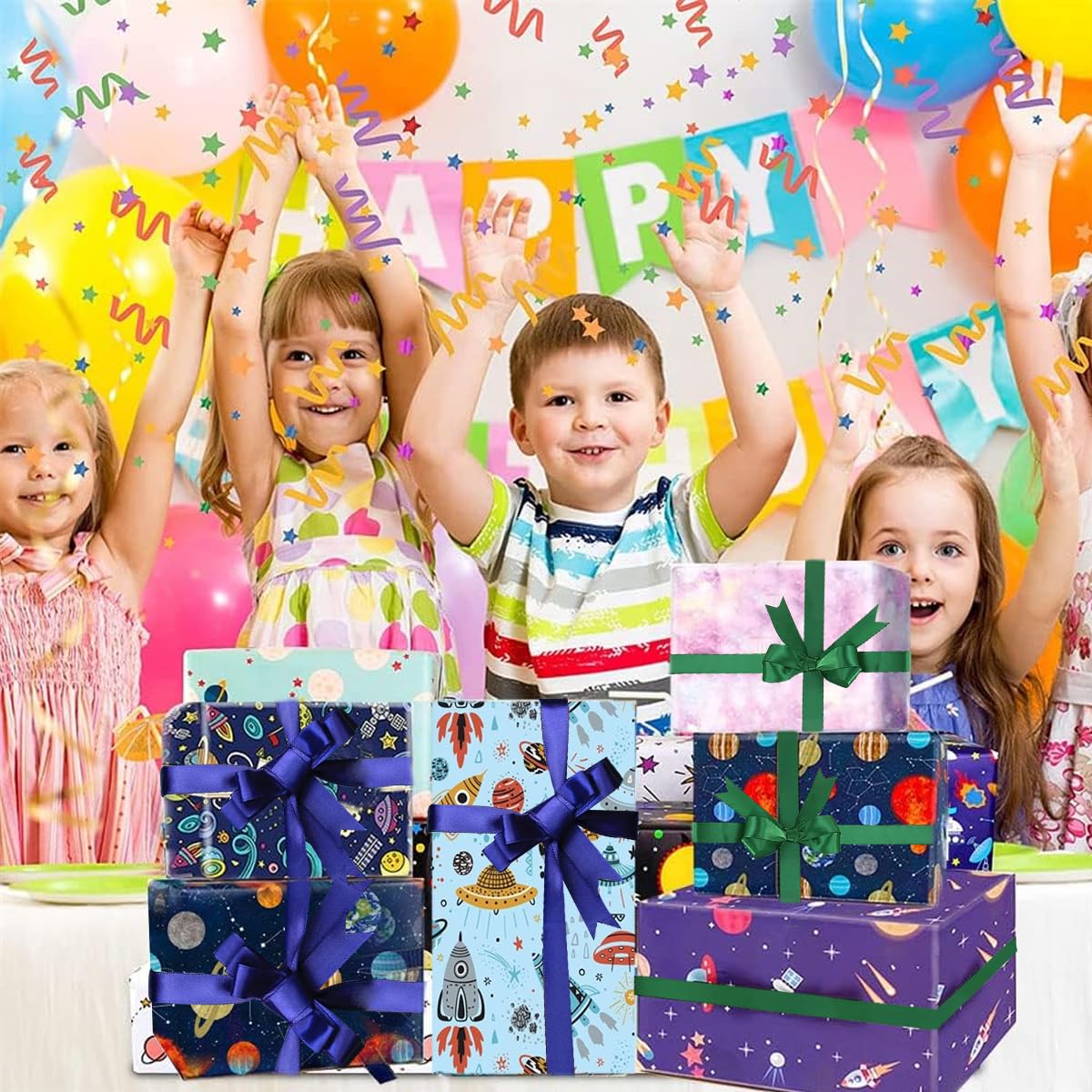 HASTHIP Gift Wrapping Paper Kit for Birthdays and Festivals with 6 Sheets 27.5 x 19.6 in & 2 Ribbons | Cartoon Design for Kids Gifts