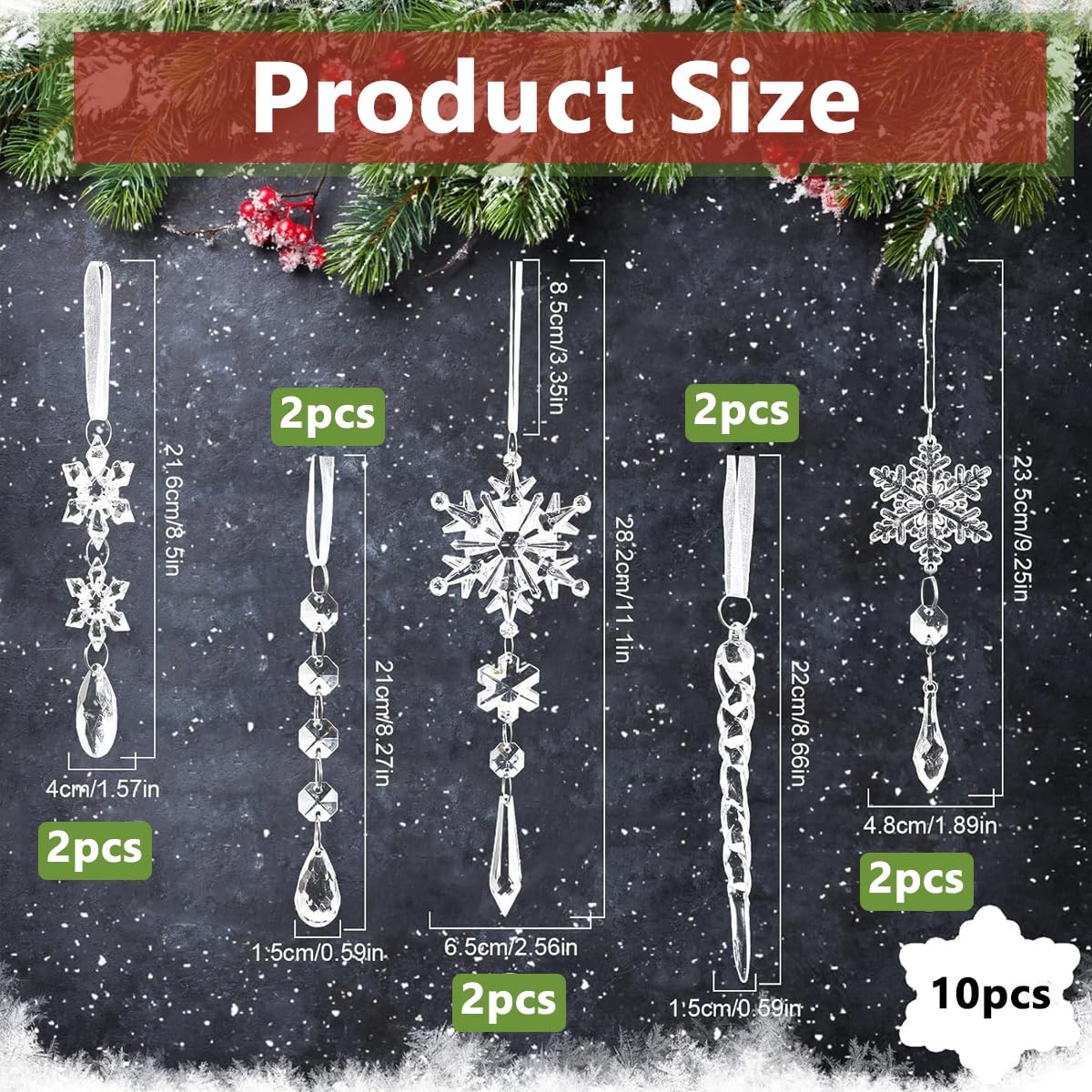 10pcs Christmas Tree Hanging Ornament Crystal Acrylic Christmas Ornaments for Christmas Tree Transparent Snowflake Icicle Christmas Hanging Ornament