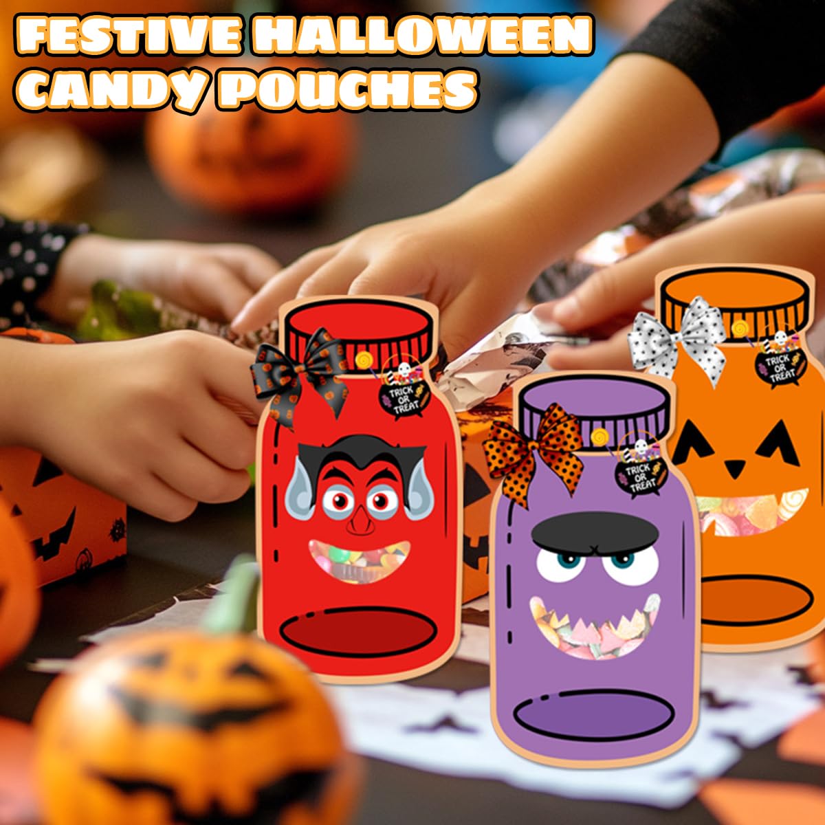 HASTHIP Halloween Treat Bag Fillers for Trick or Treat with 18 Sets 9 Designs | Paper Candy Pouches