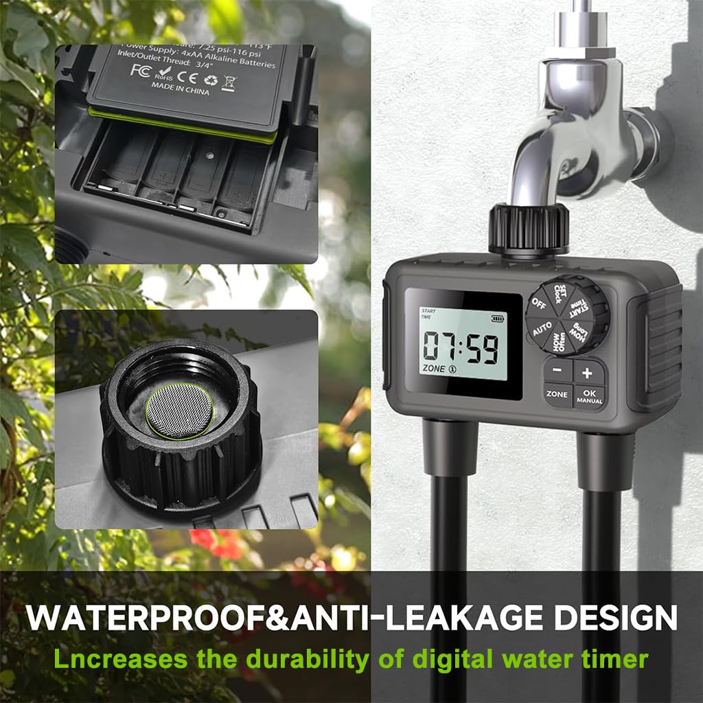 HASTHIP® Smart Garden Watering Timer Programmable Hose Faucet Timer with 2-Outlet LCD Digital Watering Timer IP55 Waterproof Outdoor Watering Timer Universal Watering Timer