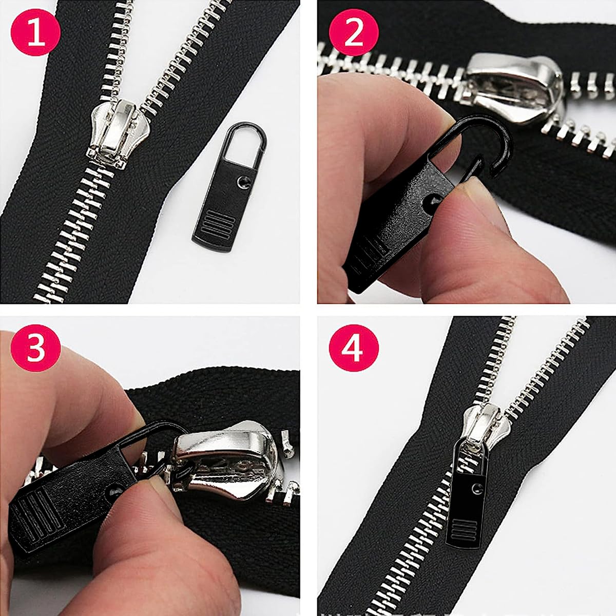 10pcs Zipper Pulls Tabs Replacement, Detachable Metal Zipper Pull, Quick Release Black Zipper Puller Repair Kit for Jackets Jeans Boots Backpacks Suitcases Purses