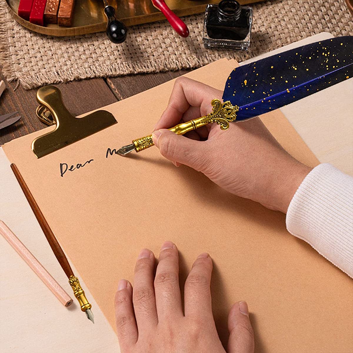 HASTHIP® Feather Pen with Ink, Calligraphy Feather Pen with Wax Seal Stamp, Includes Feather Dip Pen, Glass Dip Pen, 6 Ink, 18 Replacement Nibs, Pen Holder, Seal Stamp, Wax Beads, Wax Spoon