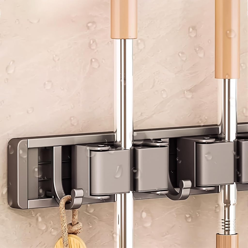 HASTHIP® Aluminum Wall Mop Holder, No Drill Push-in Mop Holder Organizer with 6 Hooks, Space Saving Cleaning Tool Organizer for Bathroom Garage